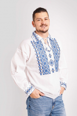 Camasa barbateasca traditionala alba cu motiv floral albastru Codin [3]