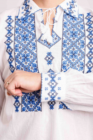 Camasa barbateasca traditionala alba cu motiv floral albastru Codin [1]