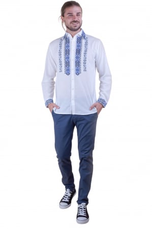 Camasa barbateasca traditionala alba cu motiv floral albastru Dragos [3]