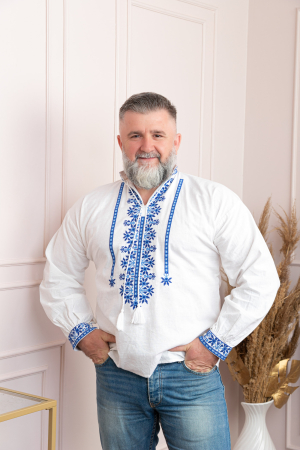 Camasa barbateasca traditionala alba cu motiv floral albastru Dragos [3]