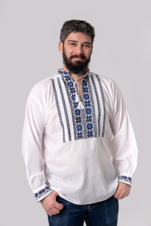 Camasa barbateasca traditionala alba cu motiv floral albastru Felix [3]