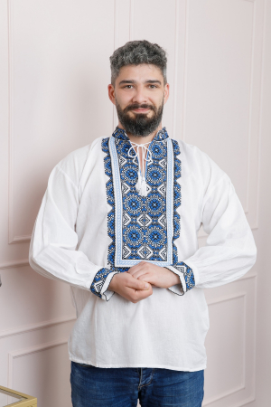 Camasa barbateasca traditionala alba cu motiv floral albastru Nicolas [2]