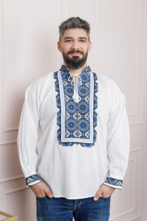 Camasa barbateasca traditionala alba cu motiv floral albastru Nicolas [0]