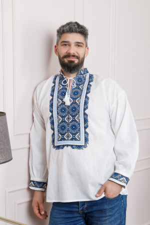 Camasa barbateasca traditionala alba cu motiv floral albastru Nicolas [3]