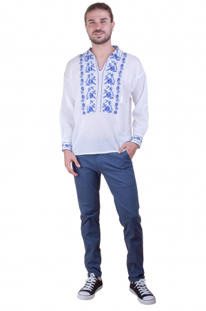 Camasa barbateasca traditionala alba cu motiv floral albastru Pavel [4]