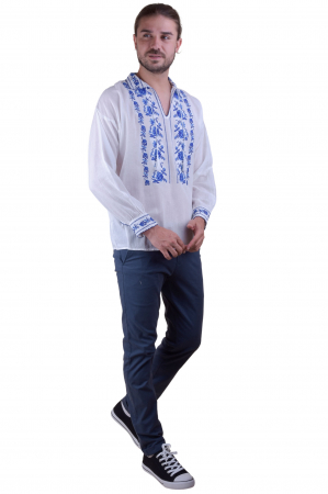 Camasa barbateasca traditionala alba cu motiv floral albastru Pavel [1]