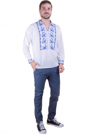 Camasa barbateasca traditionala alba cu motiv floral albastru Pavel [3]