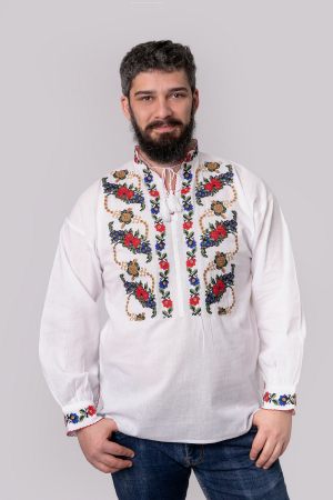 Camasa barbateasca traditionala alba cu motiv floral multicolor Narcis [3]