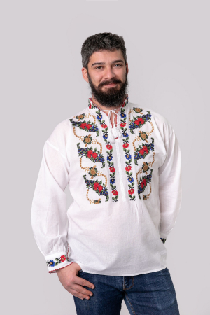 Camasa barbateasca traditionala alba cu motiv floral multicolor Narcis [0]
