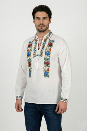 Camasi barbatesti - Camasa barbateasca traditionala alba cu motiv floral multicolor Sergiu