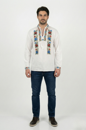 Camasa barbateasca traditionala alba cu motiv floral multicolor Sergiu [3]