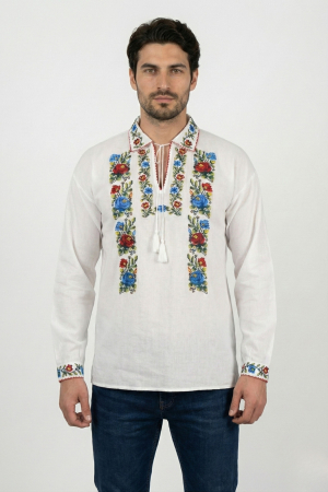 Camasa barbateasca traditionala alba cu motiv floral multicolor Sergiu [2]