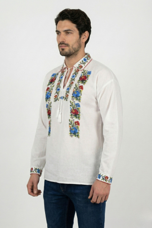 Camasa barbateasca traditionala alba cu motiv floral multicolor Sergiu [1]