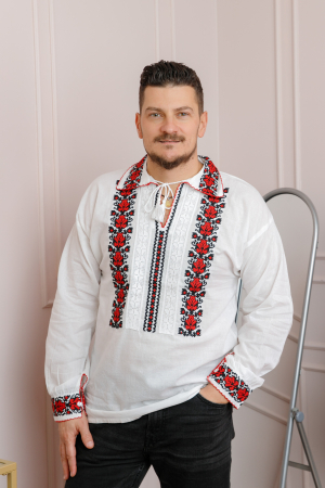 Camasa barbateasca traditionala alba cu motiv floral rosu David 01 [3]