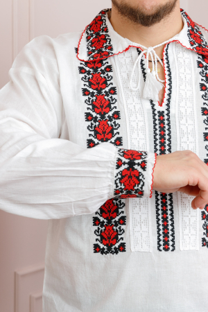Camasa barbateasca traditionala alba cu motiv floral rosu David 01 [1]