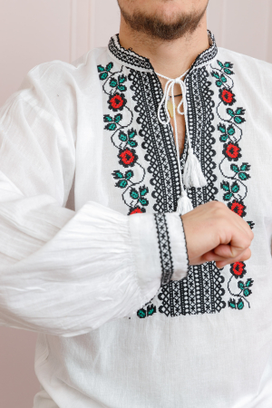Camasa barbateasca traditionala alba cu motiv floral rosu Denis [1]