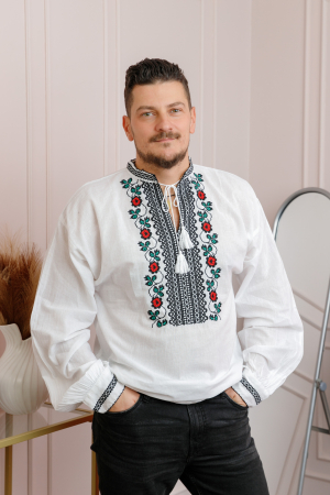 Camasi barbatesti - Camasa barbateasca traditionala alba cu motiv floral rosu Denis