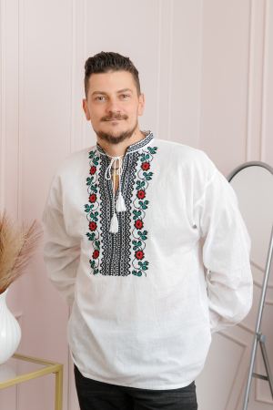 Camasa barbateasca traditionala alba cu motiv floral rosu Denis [2]