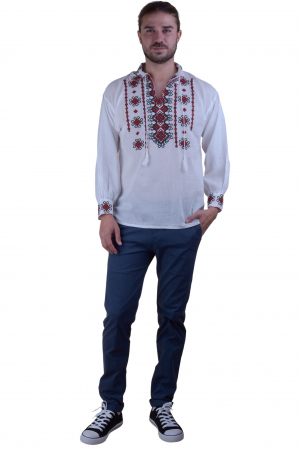 Camasa barbateasca traditionala alba cu motiv floral rosu Cristian 02 [3]