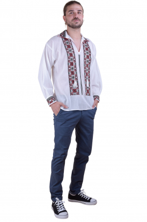 Camasa barbateasca traditionala alba cu motiv floral rosu Gabriel 01 [3]