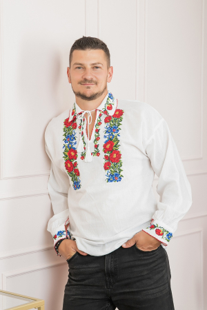 Camasi barbatesti - Camasa barbateasca traditionala alba cu motiv floral rosu Ianis