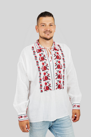 Camasa barbateasca traditionala alba cu motiv floral rosu Liviu 02 [3]