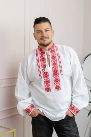 Camasi barbatesti - Camasa barbateasca traditionala alba cu motiv floral rosu Mircea
