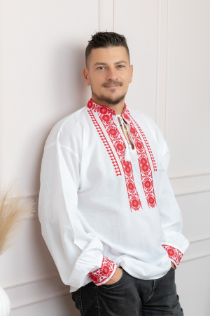 Camasa barbateasca traditionala alba cu motiv floral rosu Mircea [2]