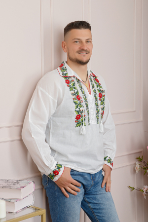 Camasa barbateasca traditionala alba cu motiv floral rosu Mugur [2]
