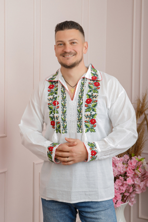 Camasi barbatesti - Camasa barbateasca traditionala alba cu motiv floral rosu Mugur