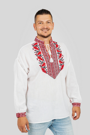 Camasi barbatesti - Camasa barbateasca traditionala alba cu motiv floral rosu Dominic 03