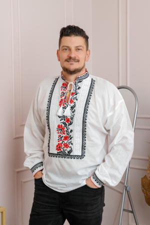 Camasa barbateasca traditionala alba cu motiv floral rosu Sabin [3]