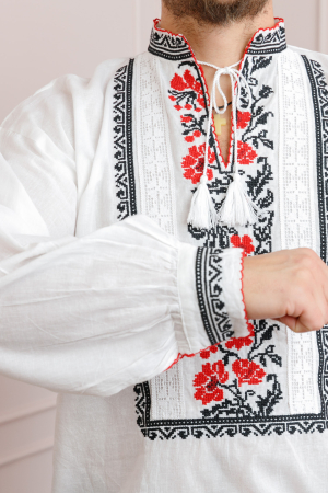 Camasa barbateasca traditionala alba cu motiv floral rosu Sabin [1]