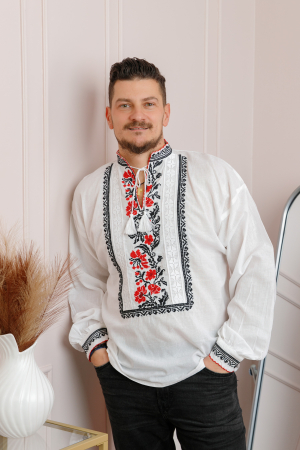 Camasi barbatesti - Camasa barbateasca traditionala alba cu motiv floral rosu Sabin