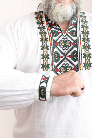 Camasa barbateasca traditionala alba cu motiv floral verde Catalin [1]