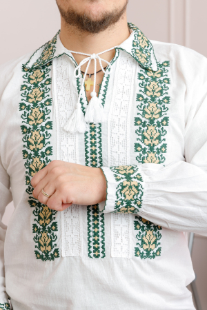 Camasa barbateasca traditionala alba cu motiv floral verde David 02 [1]