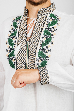 Camasa barbateasca traditionala alba cu motiv floral verde Dominic 01 [1]