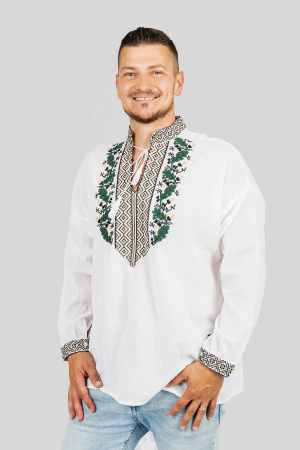 Camasa barbateasca traditionala alba cu motiv floral verde Dominic 01 [3]