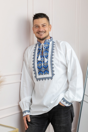 Camasa barbateasca traditionala alba cu motiv geometric albastru Alin [2]