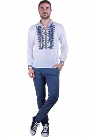 Camasa barbateasca traditionala alba cu motiv geometric albastru Ivan 05 [3]