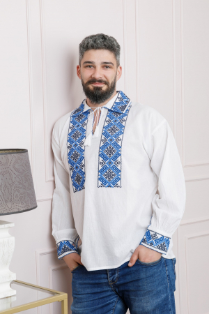 Camasa barbateasca traditionala alba cu motiv geometric albastru Costin [0]