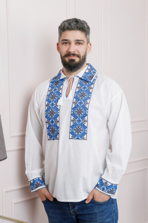 Camasa barbateasca traditionala alba cu motiv geometric albastru Costin [2]