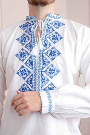 Camasa barbateasca traditionala alba cu motiv geometric albastru Emil 02 [1]