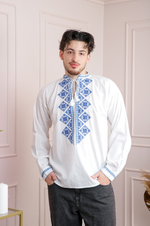 Camasi barbatesti - Camasa barbateasca traditionala alba cu motiv geometric albastru Emil 02