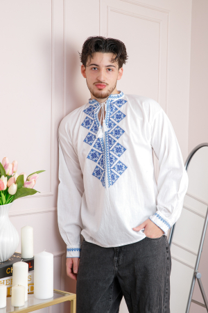 Camasa barbateasca traditionala alba cu motiv geometric albastru Emil 02 [2]