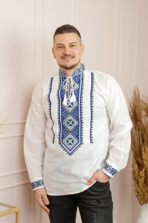 Camasa barbateasca traditionala alba cu motiv geometric albastru Flavius [0]