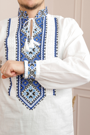 Camasa barbateasca traditionala alba cu motiv geometric albastru Flavius [1]