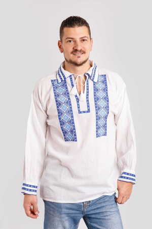 Camasa barbateasca traditionala alba cu motiv geometric albastru Georgian [3]