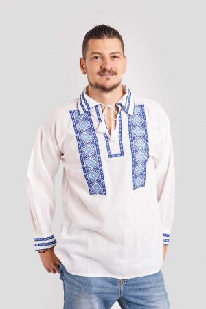 Camasa barbateasca traditionala alba cu motiv geometric albastru Georgian [0]