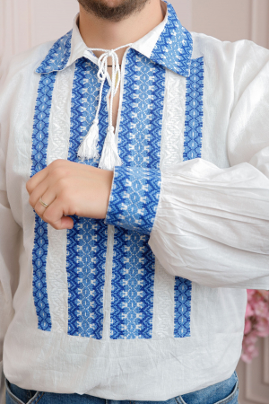 Camasa barbateasca traditionala alba cu motiv geometric albastru Horia 02 [1]